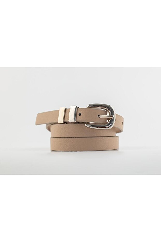 Silver Buckled Beige Faux Leather Women's Belt