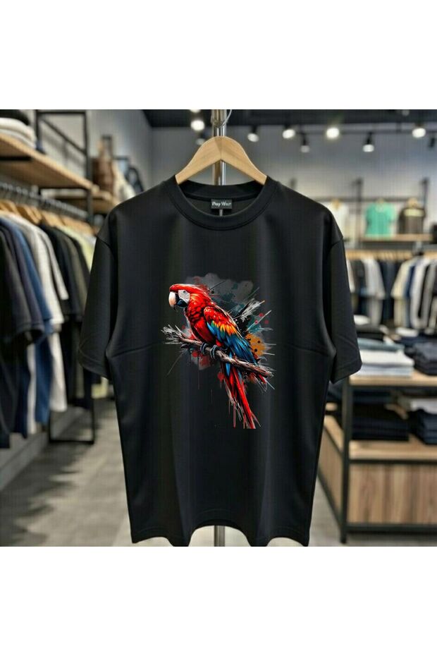 Rainbow Parrot Printed 100% Cotton Regular Fit Crew Neck T-Shirt