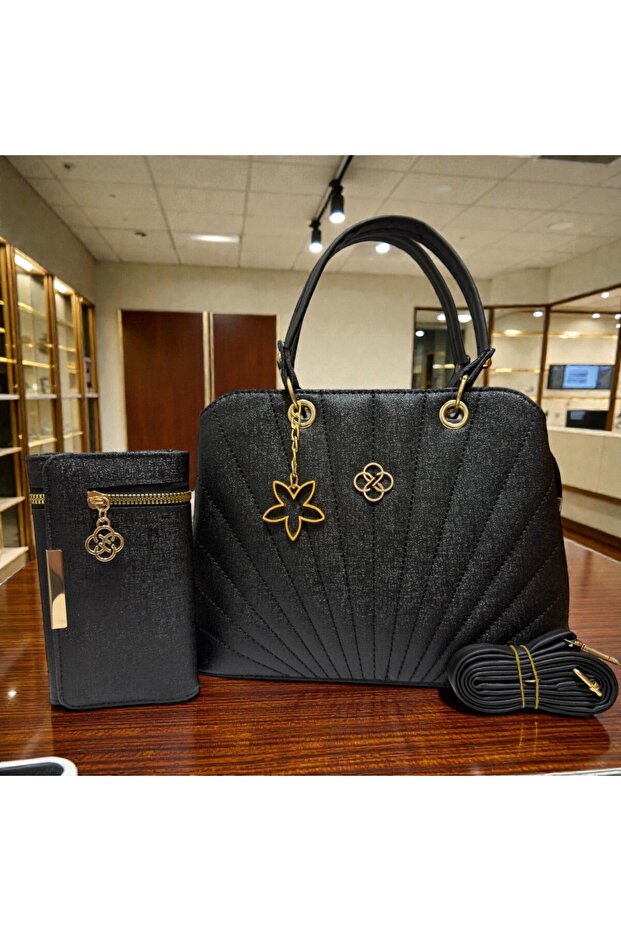 Black Sparkling Women's Bag and Wallet Set with Gold Accessories, Stylish Event Set, Bag Piece Advantageous Set
