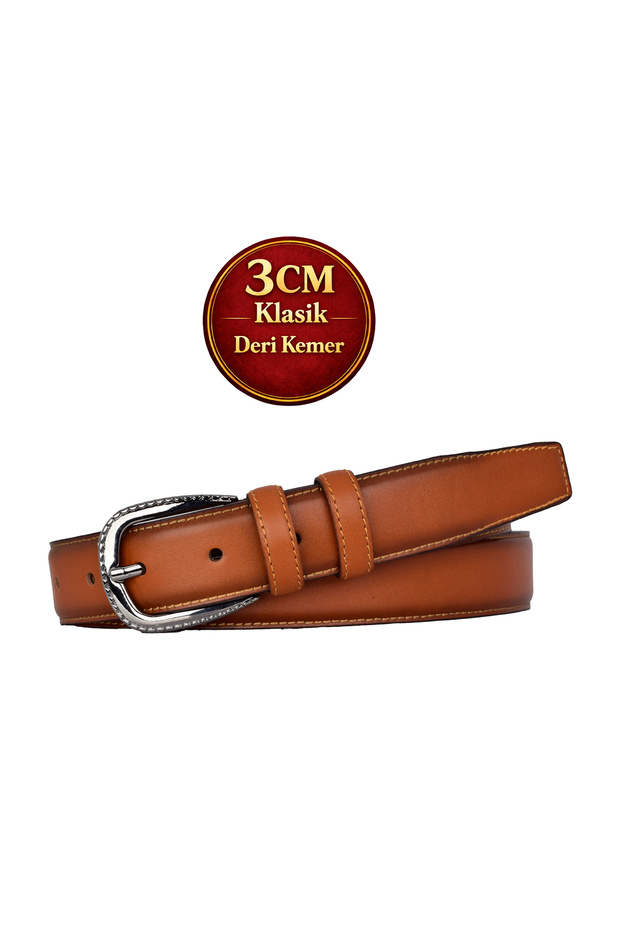 Genuine Leather , 3 cm Black Nickel Color Buckled , Tan, Stitched Classic Women's Belt I, 3Cmkla30