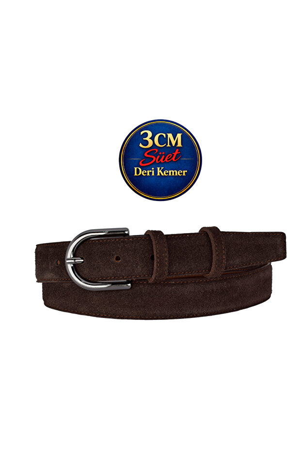 Genuine Leather , 3 cm Black Nickel Color Buckled , Dark Brown Suede , Stitched Classic Women's Belt I, 3Cmk21
