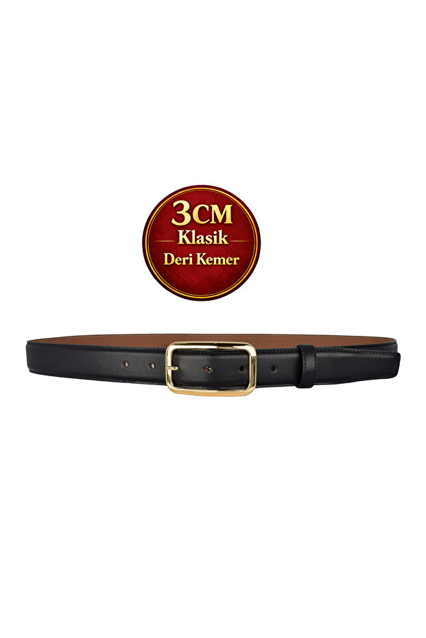Genuine Leather , 3 cm Gold Color Buckled , Black, Sewn Classic Women's Belt I, 3Cmkla50