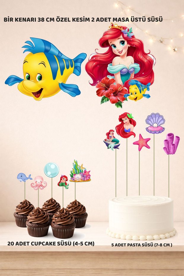 Mermaid Ariel Birthday Decoration Set - Cake Decoration, Cupcake Decoration, Board Table Top Decoration