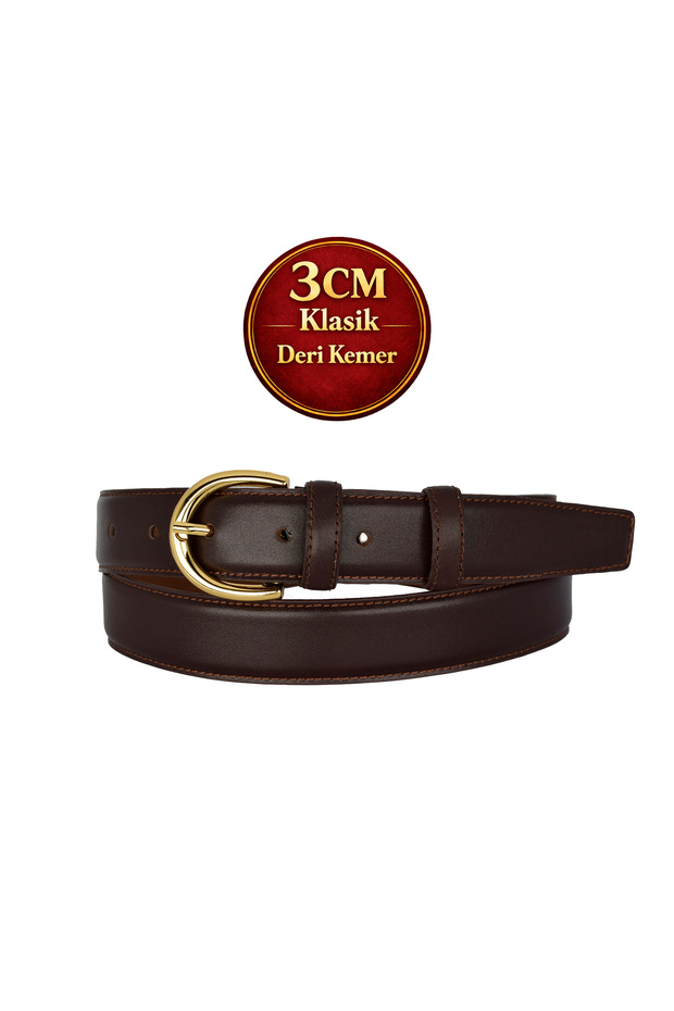 Genuine Leather , 3 cm Gold Color Buckled , Dark Brown, Sewn Classic Women's Shoes Belt I, 3Cmkla02