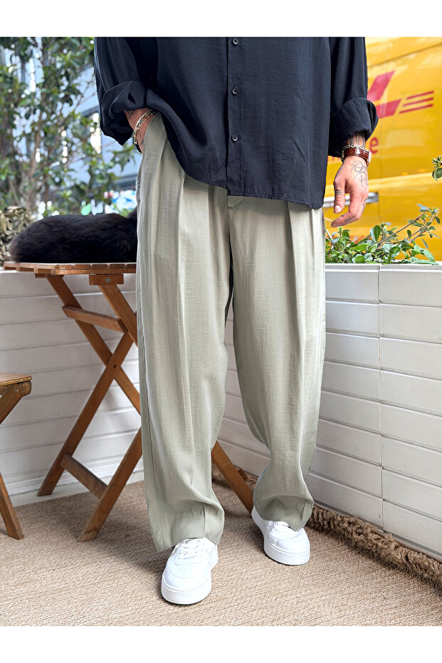 Modal Fabric Double Pleated Baggy Trousers Green