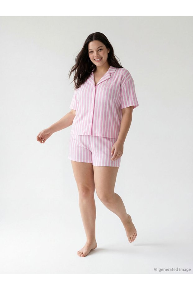 Pink Shirt Collar Striped Women's Shorts Pajama Set