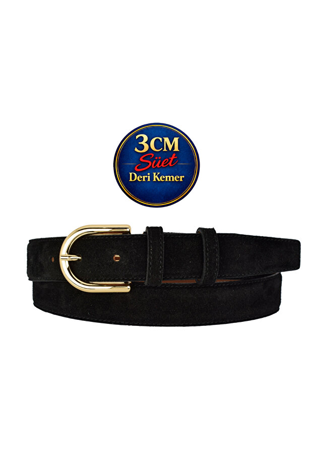 Genuine Leather , 3 cm Gold Color Buckled , Black Suede , Sewn Classic Women's Shoes Belt I, 3Cmkla22