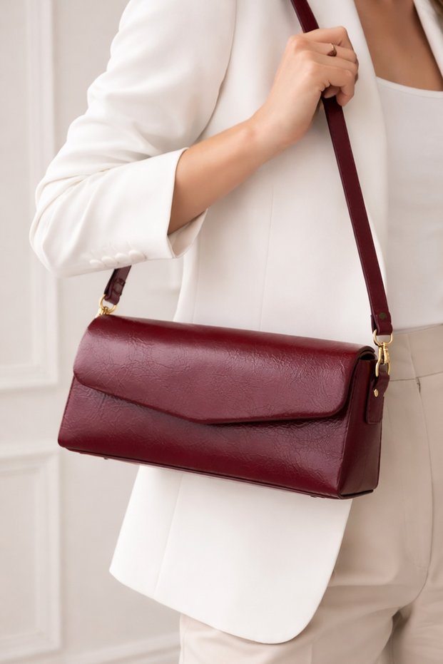 Women's Burgundy Shoulder Bag Leather-Look Long Strap Minimal Stylish Daily Bag