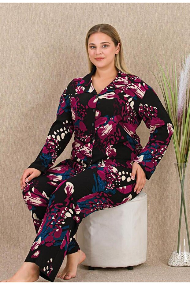 Floral Print Plus Size Button-Front Long Sleeve Pajama Set