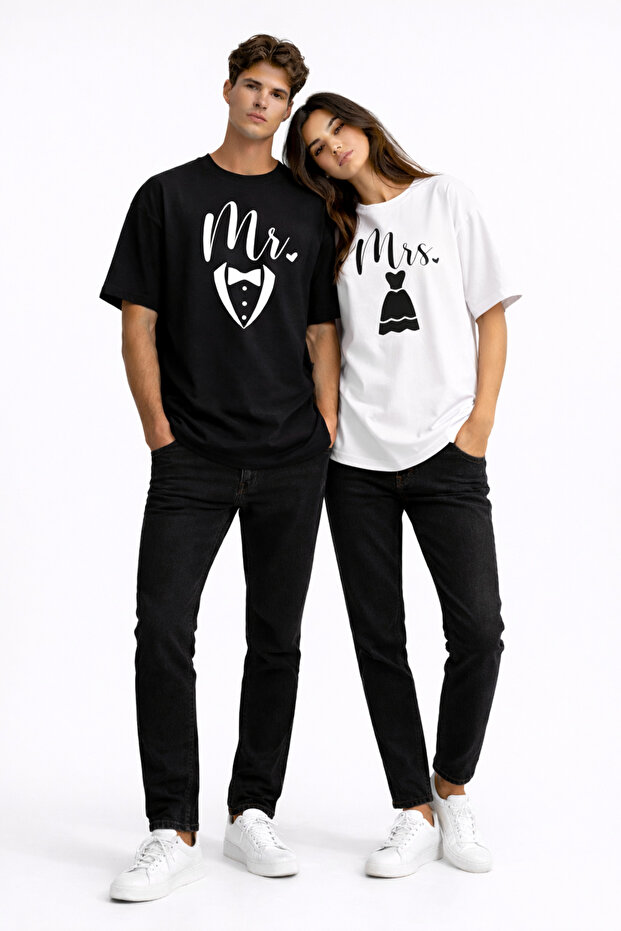 Lover Couple Mr Mrs T-Shirt Marriage Engagement Promise Honeymoon Partner Combination Set Black - White