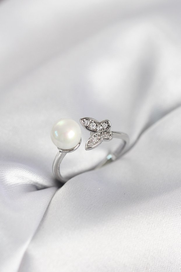 Butterfly Pearl Model Silver Color Zircon Stone Women's Ring - Tj-Byk4130