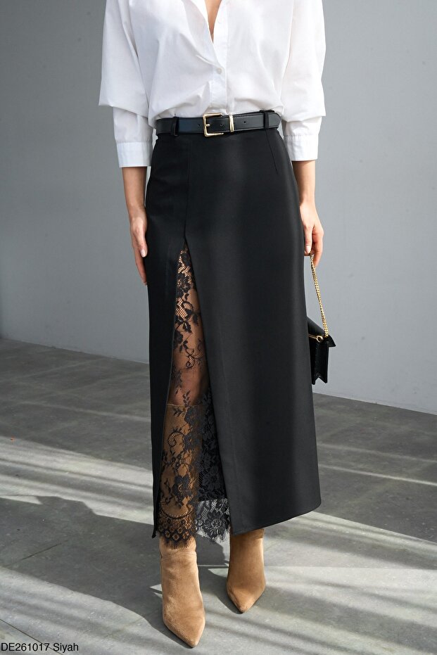 Saphyr Lace Long Fabric Skirt with Slit Detail