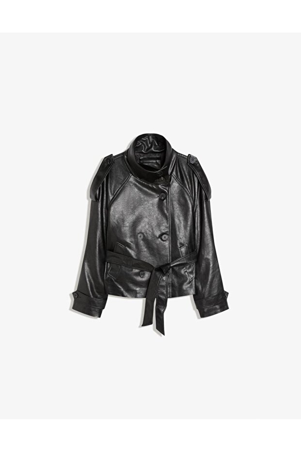 سترة Pb بأزرار على الجهتين سوداء بأزرار جلد - 4