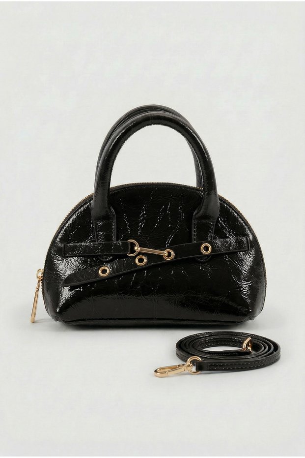 Black Shiny Patent Leather Women's Mini Handbag Crossbody Bag Vintage Model