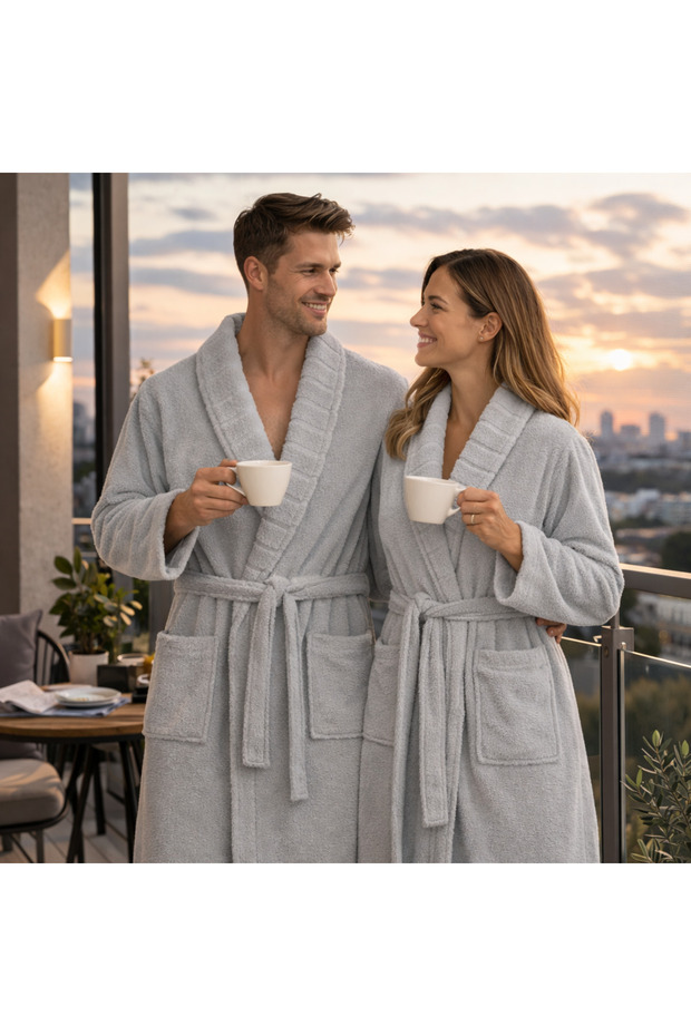 Unisex Light Gray Bathrobe Set Shawl Collar Women's and Men's 2-Piece Bath Towel and Bathrobe