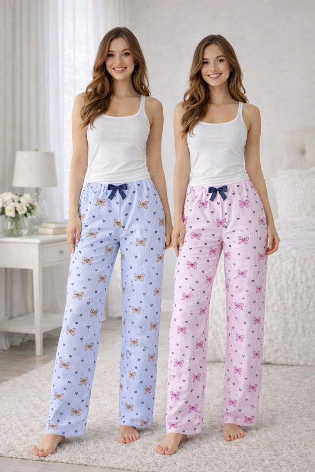 2-Pack of Cotton Thin Satin Ribbon Waist Detail C Striped Heart Bow D Patterned Women's Pajama Bottoms