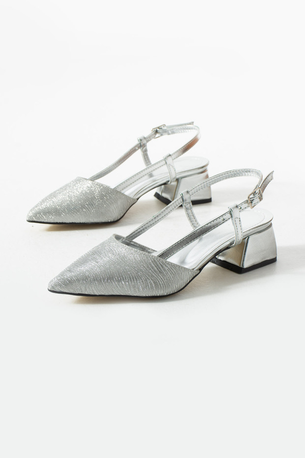 Silver Glittery Women's Short Block Heeled Shoes