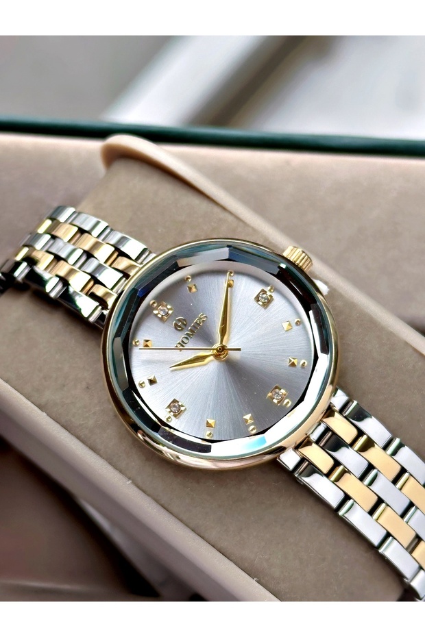 Gold Color Cutting Glass Stylish Design Fashion Women Wrist Watch + Bracelet