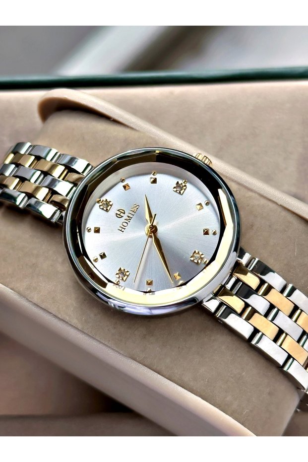 Gold Color Cutting Glass Stylish Design Fashion Women Wrist Watch + Bracelet