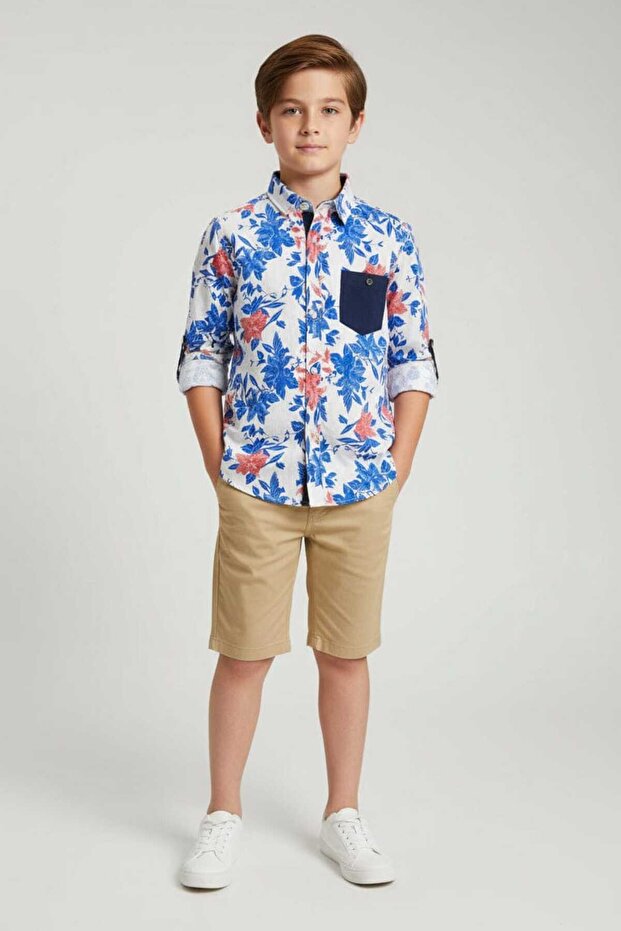 Boys Floral Print Long Sleeve Shirt | White Blue & Red Flower Pattern | Ages 3–14 Years | MH