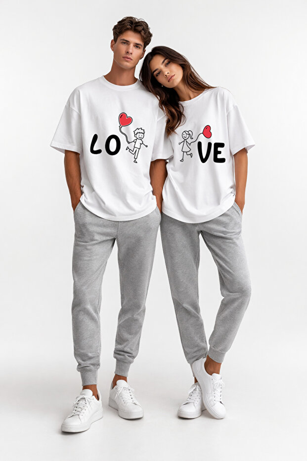 تي شيرت للزوجين مطبوع عليه Love من Lover Combination، مقاس كبير، طقم كومبين للزوجين للجنسين باللون الأبيض