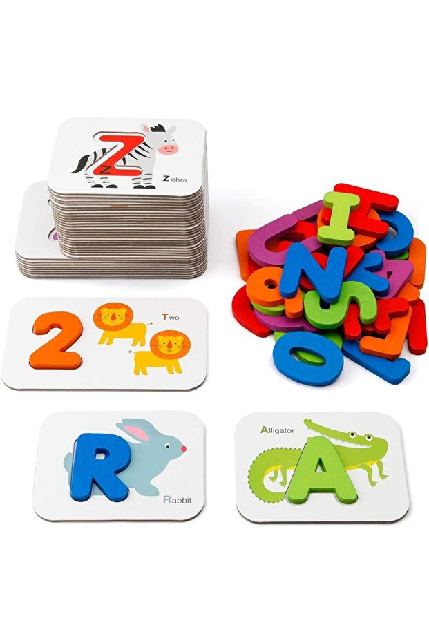 Numbers and Alphabets Flash Cards Set with Wooden Blocks, Animal Pattern, for Kids 3+