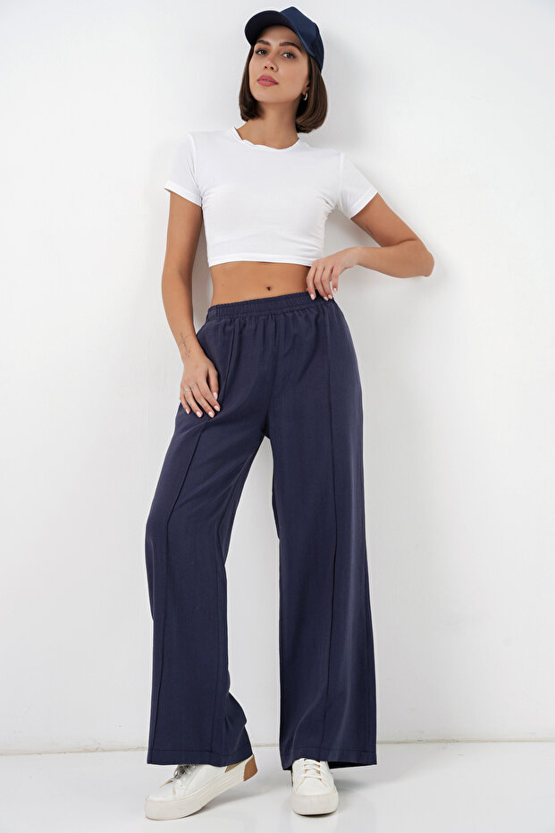 Women's Elastic Waist Wide-Leg Pants 30087 - Navy Blue