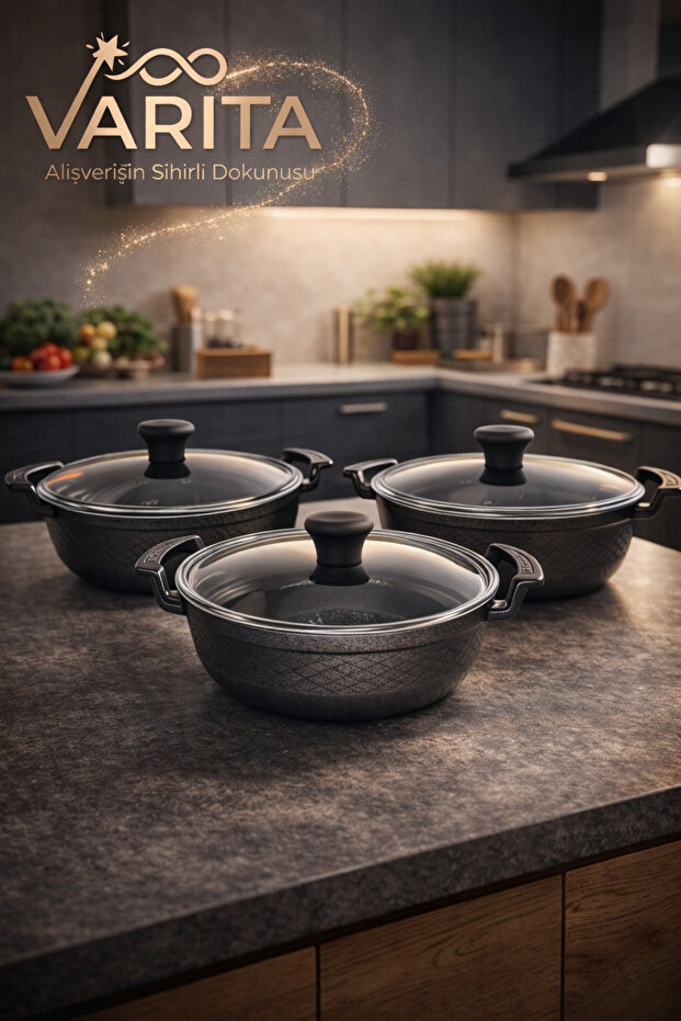 3-Piece Cast Granite Saucepan Set - 18-20-22 cm with Glass Lid - Non-Stick Saucepan Set