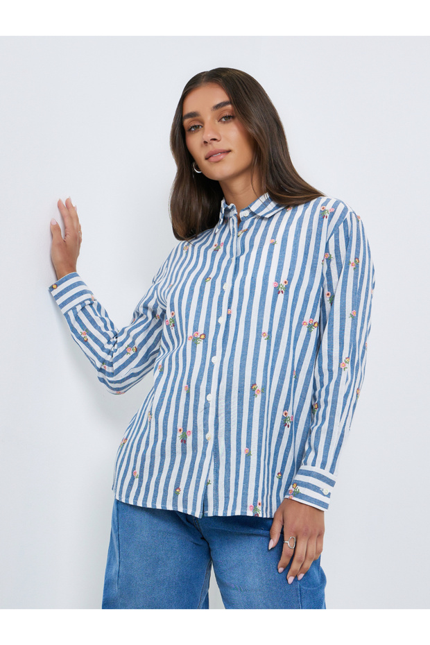 Women Blue Striped Floral Embroidered Shirt