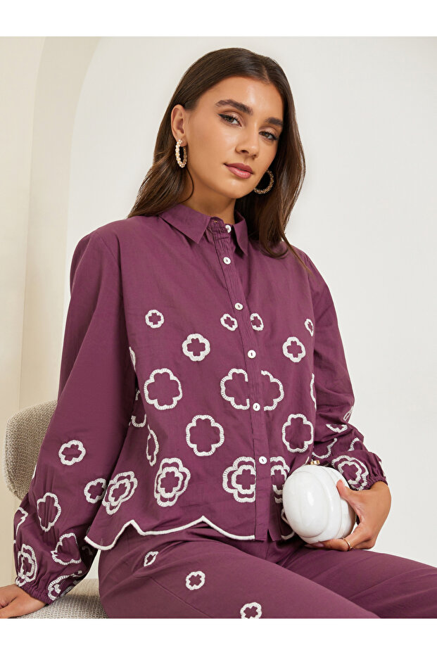 Women Purple Embroidered Long Sleeve Shirt