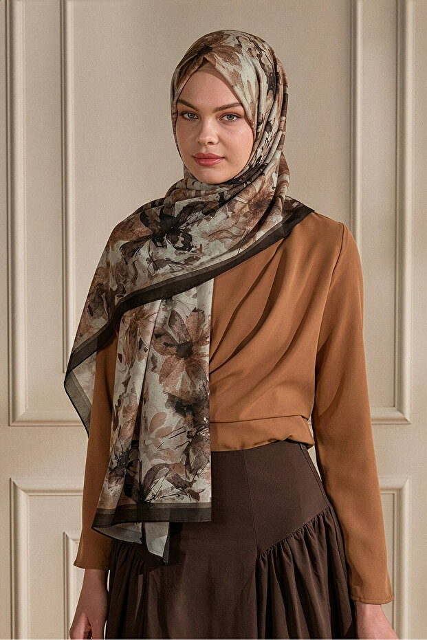 Light Brown Souvenir Flowers Patterned Organic Shawl