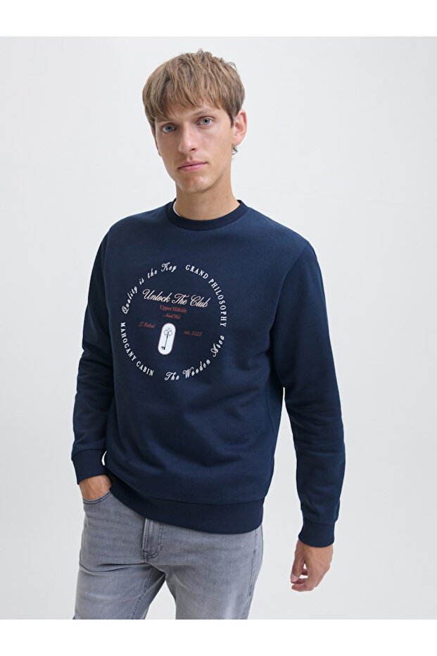 Navy Blue Printed Pullover Sweatshirt - 7