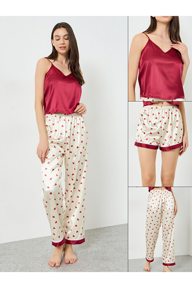 Pack of 3 - Satin Top, Heart Print Shorts and Pyjama Set