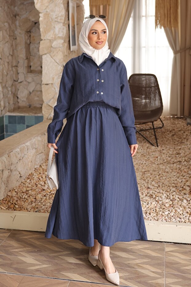 Navy Blue Buttoned Shirt and Skirt Set
