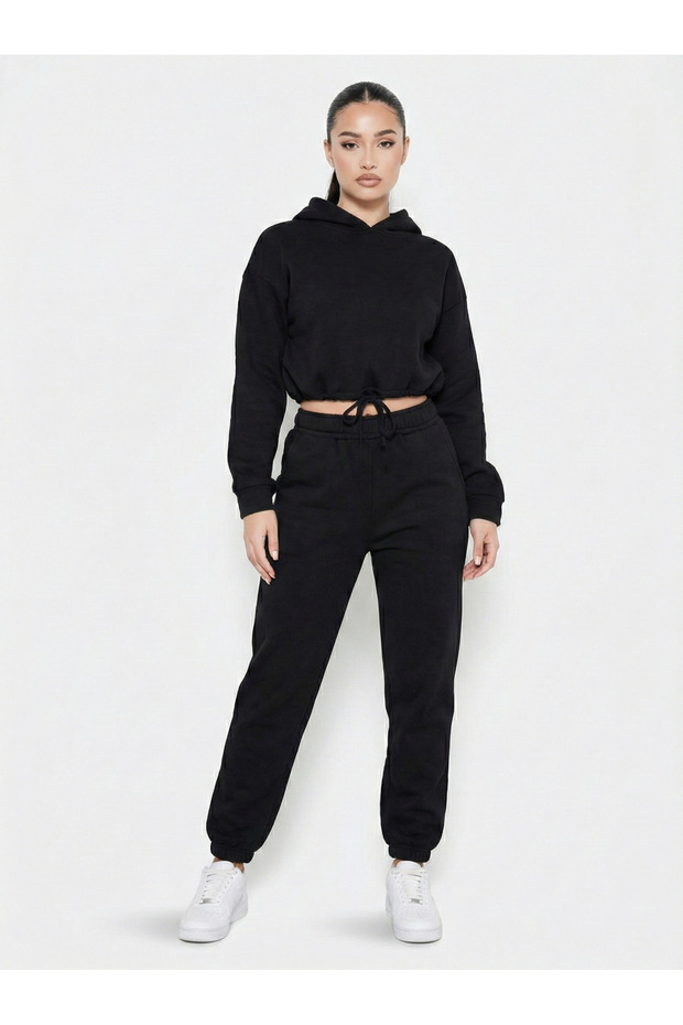 Women's Black Hooded Elastic Waist Brushed Inside Bottom-Top Tracksuit Set Nj117