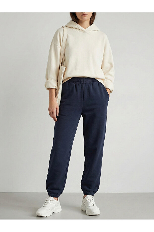 Women's Navy Blue 3 Thread Sweatpants Sh Brushed Inside C Pocketed J Jogger Pants Sweatpants Nj116