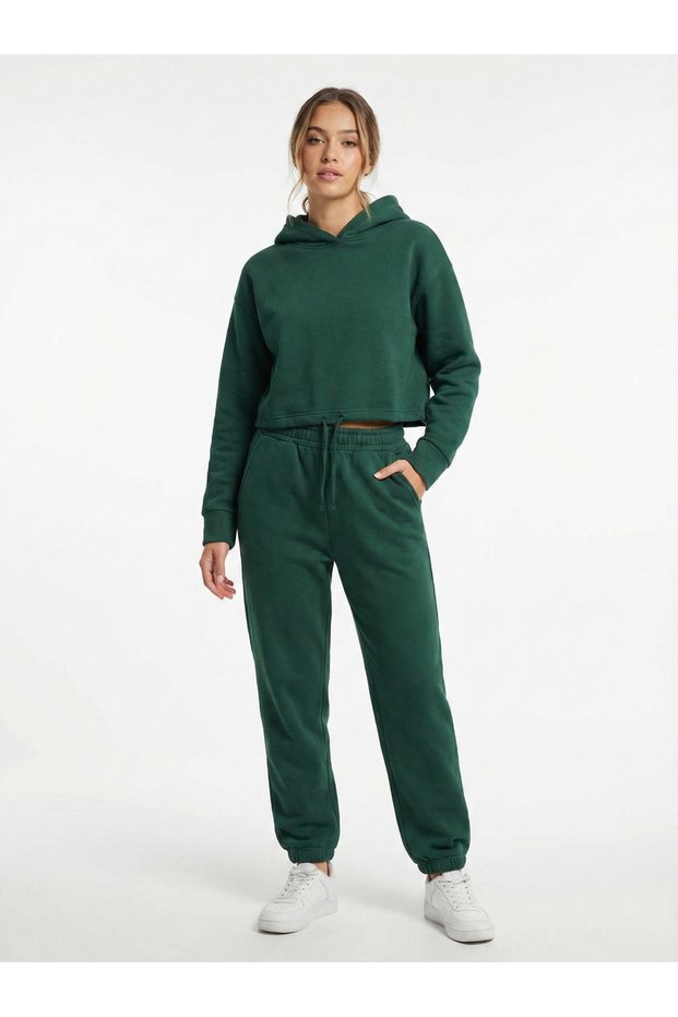 Women's Green Hooded Elastic Waist Brushed Inside Bottom-Top Tracksuit Set Nj117