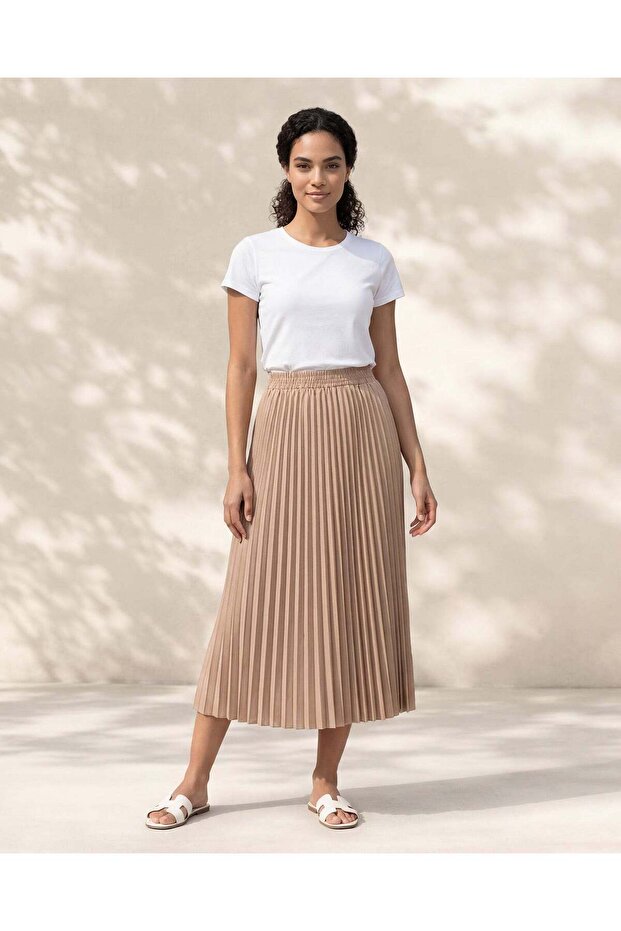 Women Beige Pleated Skirt