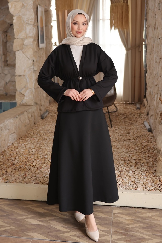 Black Buttoned Elastic Jacket and Skirt Set
