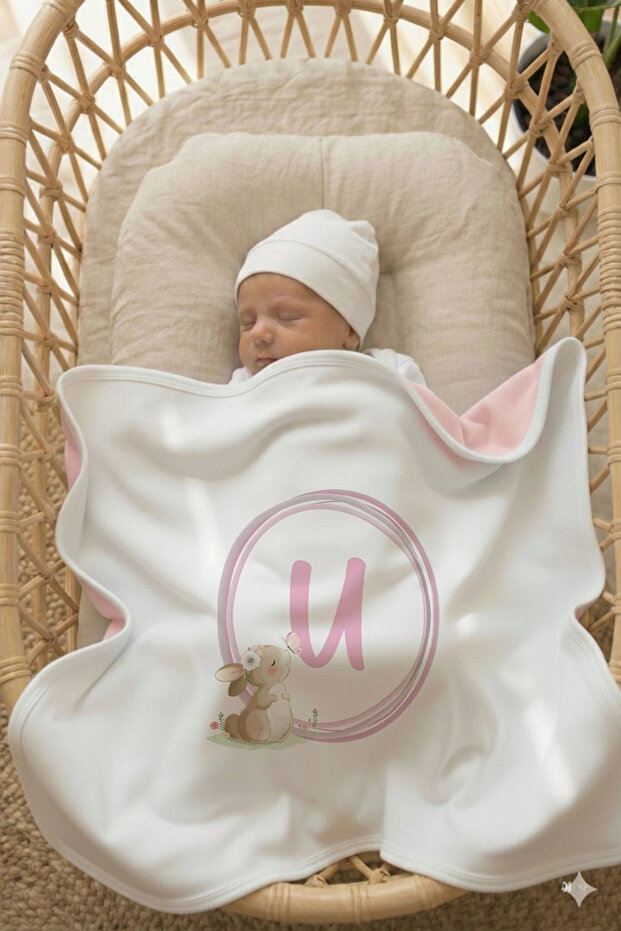 Reversible - Interlock Baby B Blanket I 80X80Cm - Cute Rabbit Letter Series in a Circle - Letter U