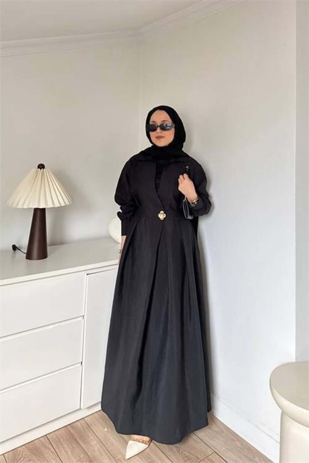Women's shirt collar modest dress with gold buckle detail at the waist NMS085