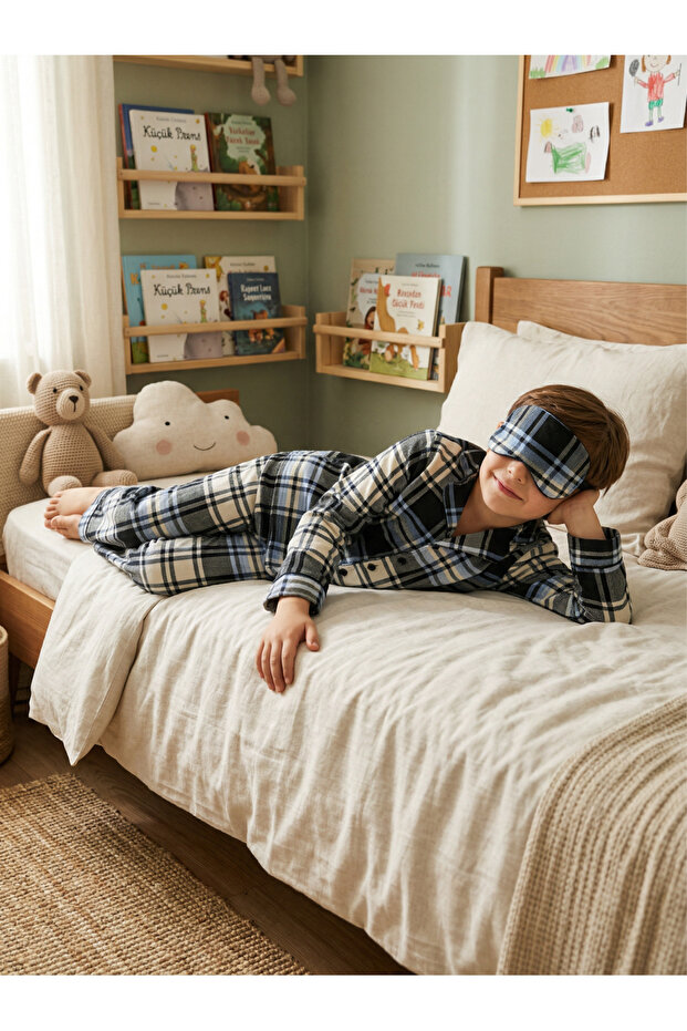 طقم بيجامة للأولاد مكون من قطن قطع بأزرار وشريط للعين موسمي - 3