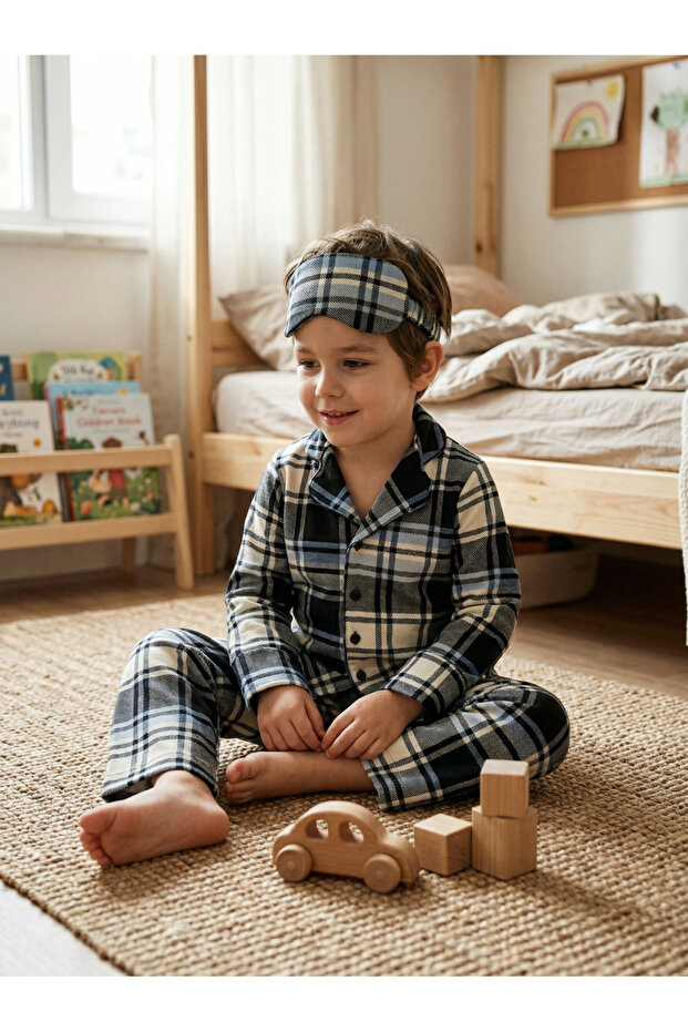 طقم بيجامة للأولاد مكون من قطن قطع بأزرار وشريط للعين موسمي - 2