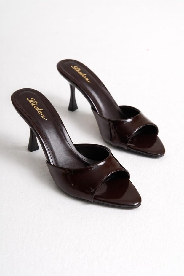 Women's Brown Patent Leather Pointed Toe Heels Slipper
