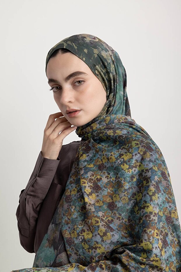 Violet Floral Patterned Double-Sided Shawl - Green