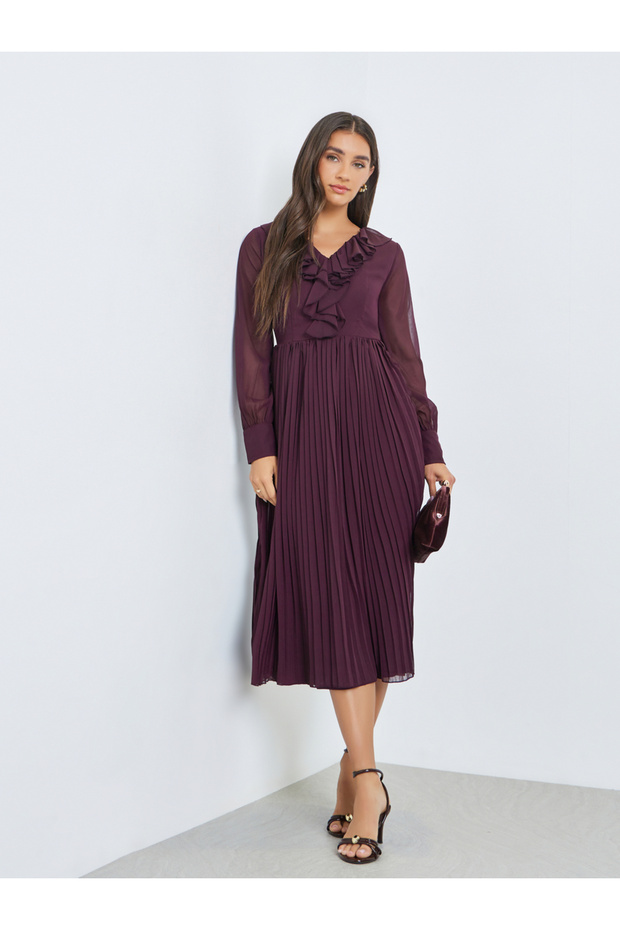 Brown Pleated Midi Dress with Ruffle Detail