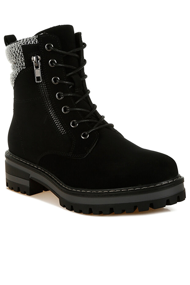 Women Knitted Collar Zip-Up Hiker Boots in Black
