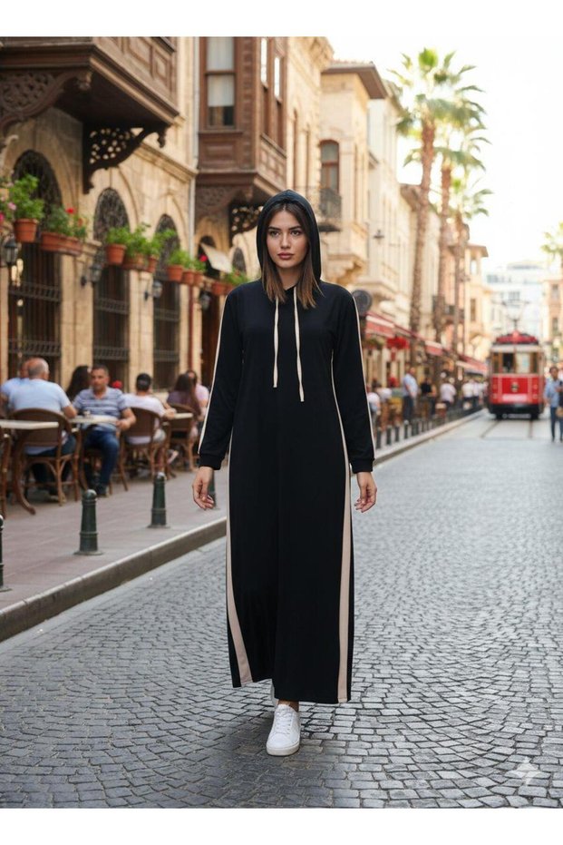Striped, Plus-Size, Relaxed-Fit Hooded Dress - Black