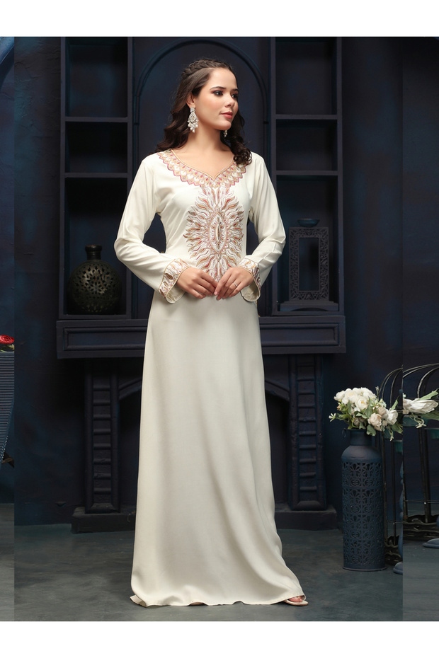 Cream Embroidered V Neck Jalabiya