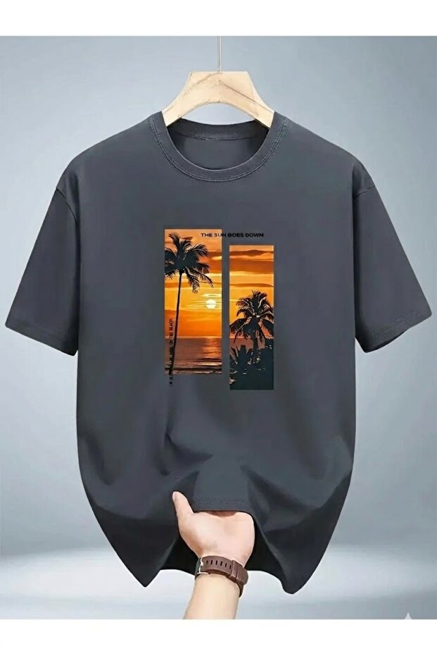 تي شيرت رجالي فضفاض من Sunset مطبوع مقاس كبير